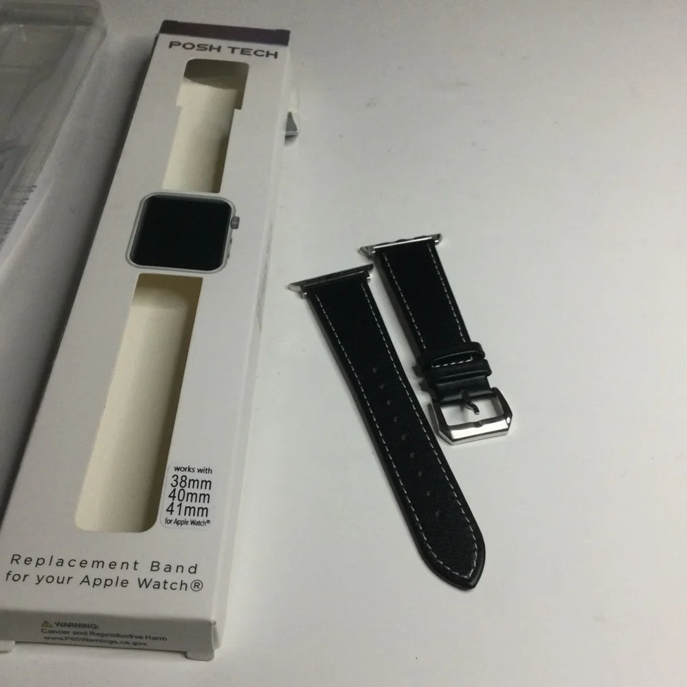 POSH TECH STITCHED LEATHER STRAP BAND FOR APPLE WATCH 38/40 BLACK UNISEX NWT